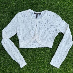 BCBG white lace long sleeve crop top